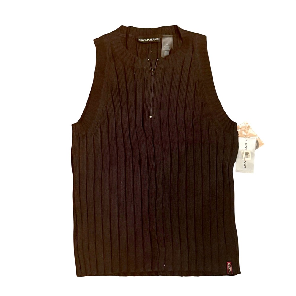 DKNY Jeans Black Ribbed Quarter Zip Sleeveless Sweater Vest Top Mock Neck NWT M